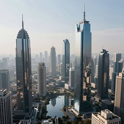 Photograph of a modern cityscape with tall, reflective skyscrapers, a central river, and clear blue sky. Sunlight highlights buildings, creating