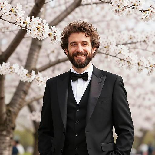 Photograph of a smiling, curly-haired bearded man in a black tuxedo with a bow tie, standing in front of blooming cherry bloss