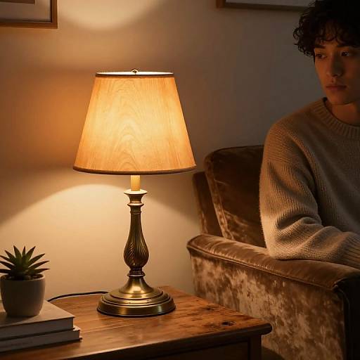 Photograph of a softly lit room with a warm lamp, brown velvet armchair, curly-haired person in a gray sweater, and a small potted