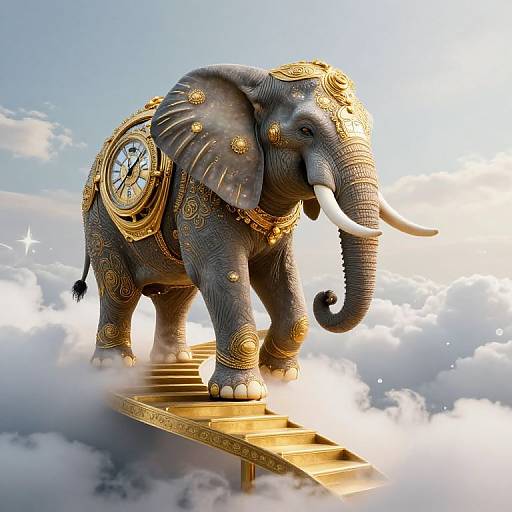 Digital artwork of a majestic, golden-ornamented elephant with a clock on its side, standing on a gold staircase amidst clouds.