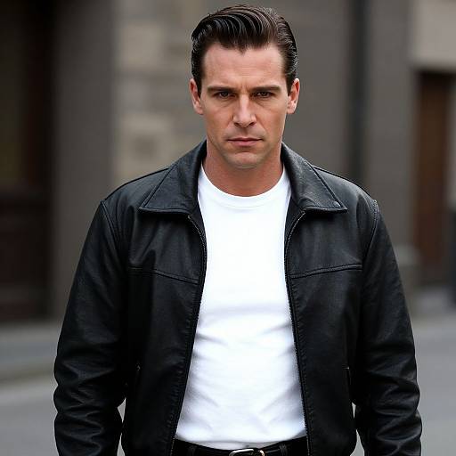 Photograph of a serious-looking man with slicked-back dark hair, wearing a black leather jacket over a white t-shirt, standing in front of a