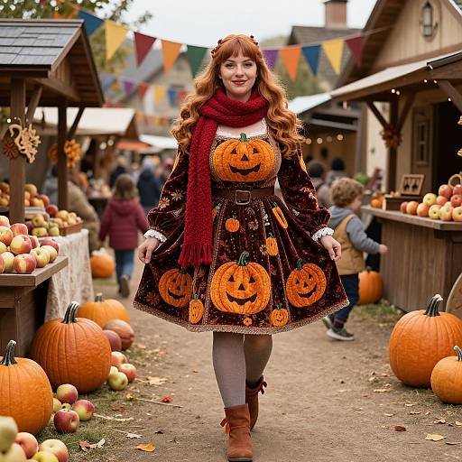 Photograph of a smiling red-haired woman in a pumpkin-patterned dress and red scarf, walking through a festive autumn market with pumpkins and colorful b