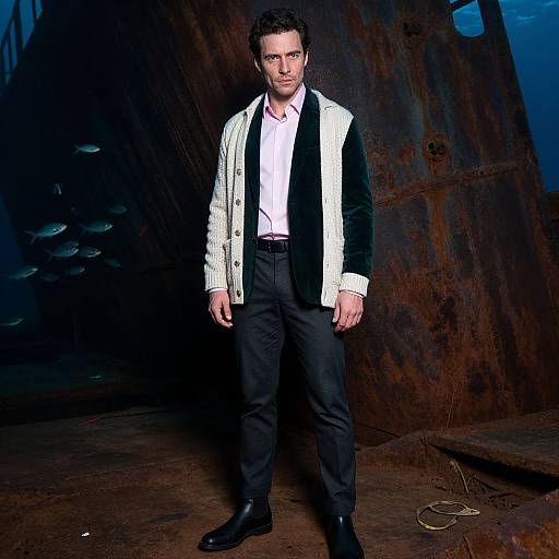 Photograph of a serious-looking man with short dark hair, wearing a white and black velvet jacket, white shirt, black pants, and black shoes,