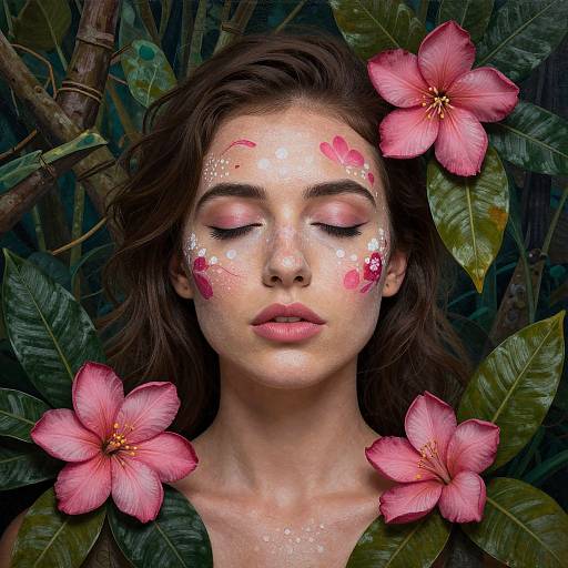 Photograph of a woman with closed eyes, pink floral makeup, surrounded by pink hibiscus flowers and green leaves, in a forest setting.