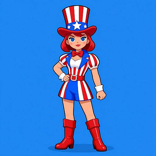 Cartoon-style illustration of a red-haired woman in a patriotic outfit with red, white, and blue stripes, red boots, and top hat, standing