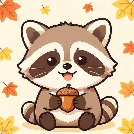 Cheerful Chibi Raccoon with Acorn