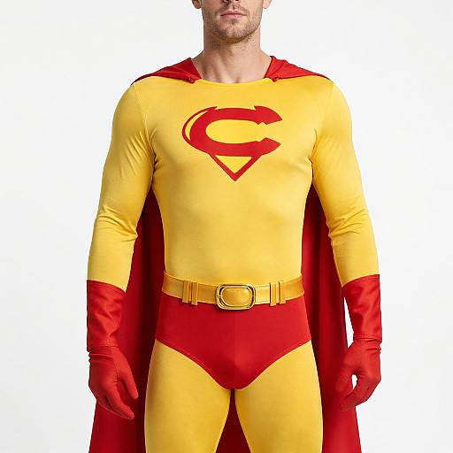 Photograph of a man in a classic Superman costume: yellow bodysuit with red 