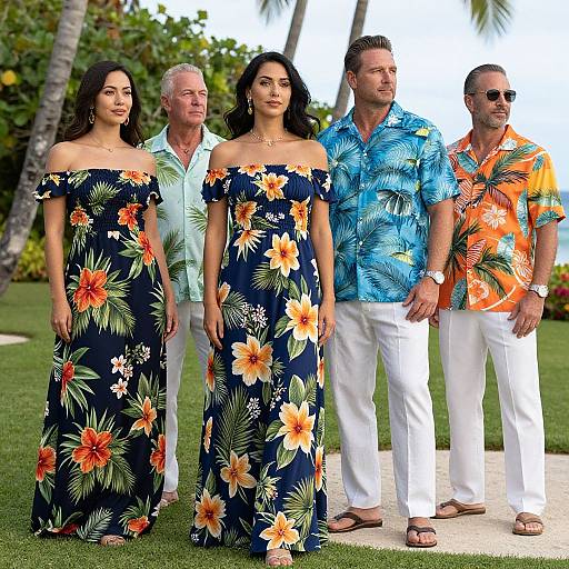 Photograph of five people standing in a tropical garden: two women in off-shoulder floral dresses, three men in colorful Hawaiian shirts and white pants