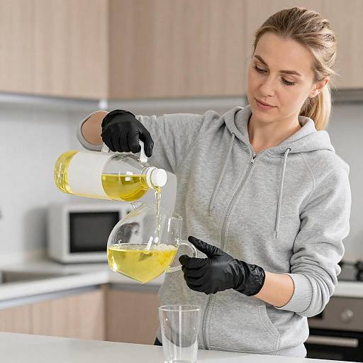 Mid-Action Shot of Woman Pouring Bleach