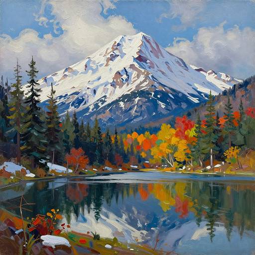 Vibrant oil painting of a snow-capped mountain reflected in a serene lake, surrounded by colorful autumn trees and evergreens.