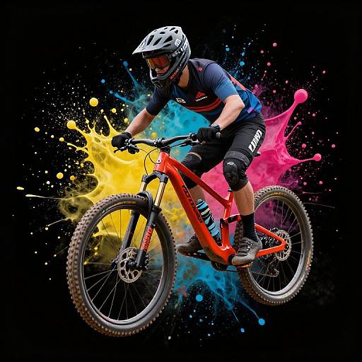 Mountain Biker Jumping with Colorful Splashes
