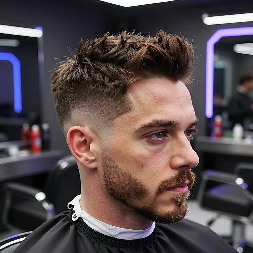 Photograph of a young Caucasian man with short, spiked brown hair, beard, and sideburns, seated in a modern, brightly lit salon.