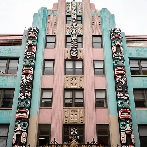 Photograph of a vibrant Art Deco building with turquoise columns, pink and beige facade, and vertical totem pole carvings featuring colorful, expressive
