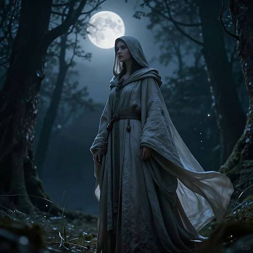 Mysterious woman in long, flowing grey robe stands under a full moon in a dark, eerie forest, illuminated by moonlight.