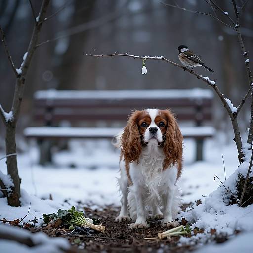 Photograph of a white and brown Cocker Spaniel standing on a snow-covered path, framed by snow-laden branches with a small bird perched