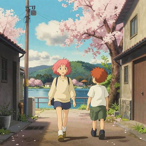 Anime-style drawing of two children with pink and red hair walking down a cherry blossom-lined street towards a lake. Bright, sunny day.