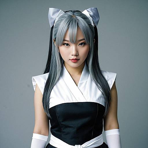 Asian Woman in Black and White Cosplay Costume