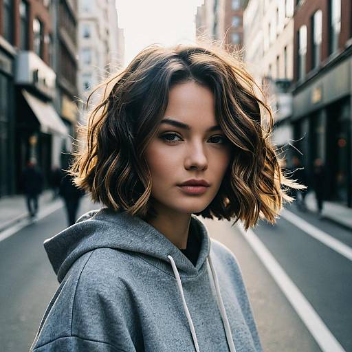 Fashion Model with Wavy Bob Hairstyle in Hoodie