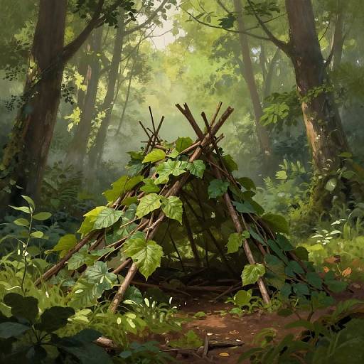Digital painting of a sunlit forest with a leaf-covered wooden teepee in the center, surrounded by lush green foliage and tall trees. Sunlight filters