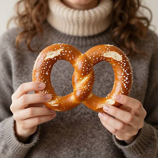 Photograph of a person with curly brown hair, wearing a gray knitted turtleneck, holding a shiny, sesame seed-covered pretzel in both
