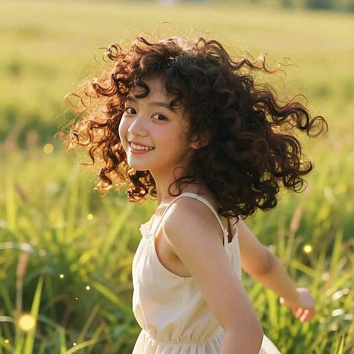 Photograph of a smiling young Asian girl with curly black hair, wearing a white sleeveless dress, running through a sunlit green field.