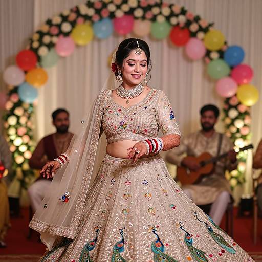 Photograph of a smiling Indian bride in a gold embroidered lehenga, wearing a maang tikka and necklace, dancing in a brightly decorated hall with