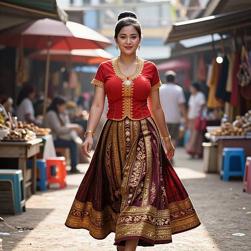 Photograph of an Indian woman with dark hair in an updo, wearing a red blouse and gold-embroidered maroon skirt, walking through