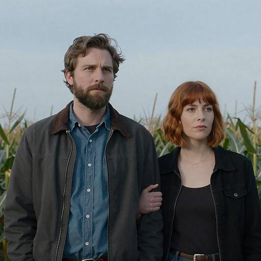 Couple in Cornfield Under Blue Sky