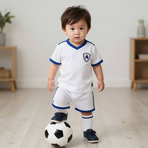 Photograph of a cute Asian baby boy in white soccer uniform with blue trim, black shoes, and short dark hair, standing on a wooden floor with