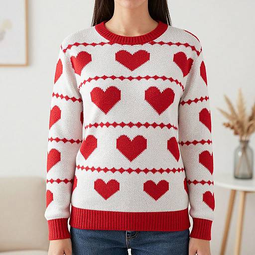 Photograph of a woman wearing a white knit sweater with red heart patterns and red trim, blue jeans, in a bright, modern room.