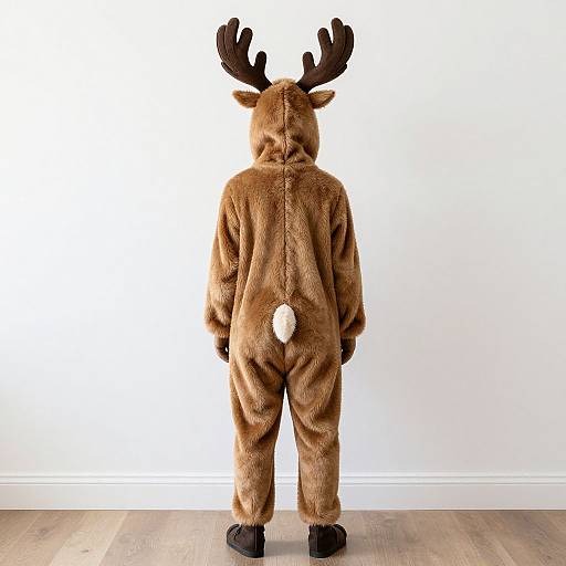 Photograph of a person standing with back to camera, wearing a brown reindeer costume with antlers, fluffy tail, and black shoes, against a