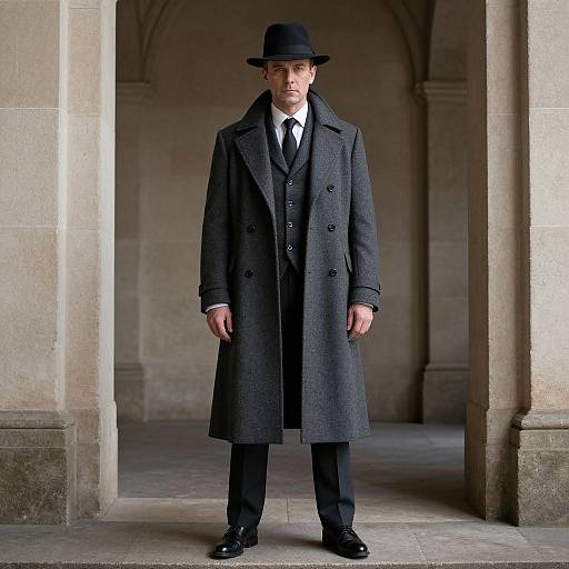 Photograph of a serious, white man in a black overcoat, black fedora, white shirt, black tie, black trousers, and black shoes