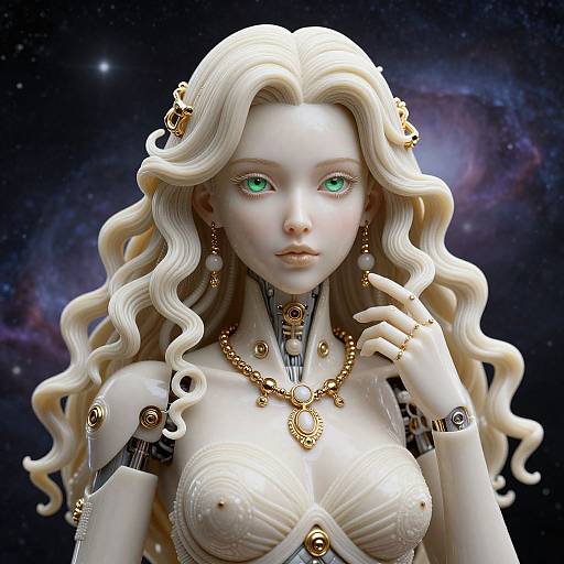 Digital artwork of a fair-skinned, green-eyed, blonde woman with wavy hair, wearing gold jewelry and a futuristic, cleavage-revealing
