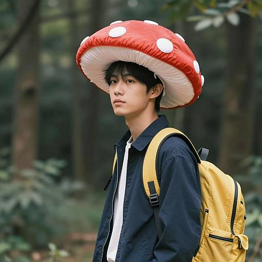 Whimsical Forest Fashion with Mushroom Hat