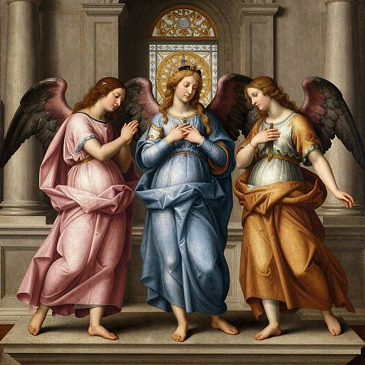 Renaissance-style painting of three angels with wings, wearing flowing robes (pink, blue, gold), standing before a decorative archway. Central angel