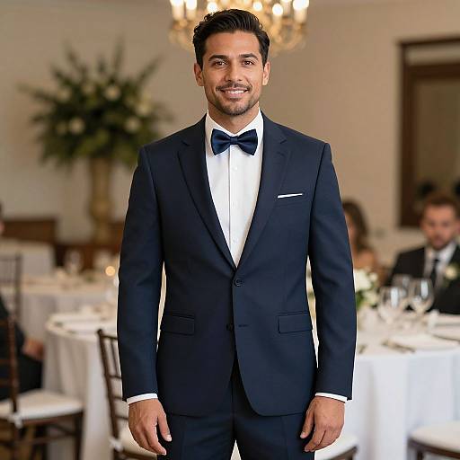 Photograph of a smiling, neatly groomed man with dark hair in a black tuxedo with bow tie, standing in an elegant, softly lit