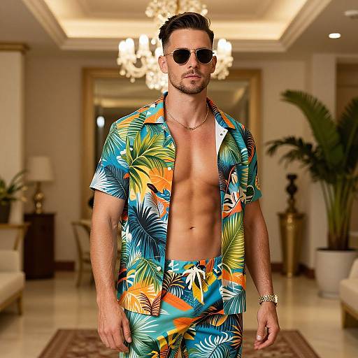 Photograph of a muscular man with short dark hair, wearing sunglasses, and a colorful Hawaiian shirt and shorts, standing in an elegant, well-lit