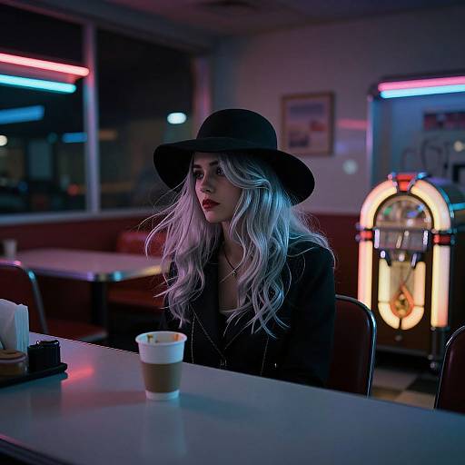 Photograph of a pale-skinned woman with long, wavy silver hair and a black hat, sitting alone in a neon-lit diner, holding