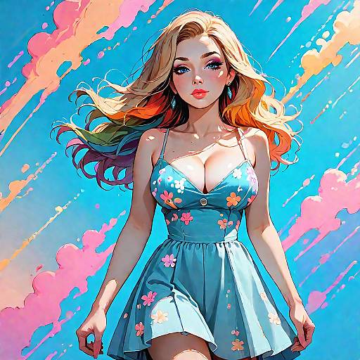 Blonde Woman in Floral Sundress with Pastel Sky