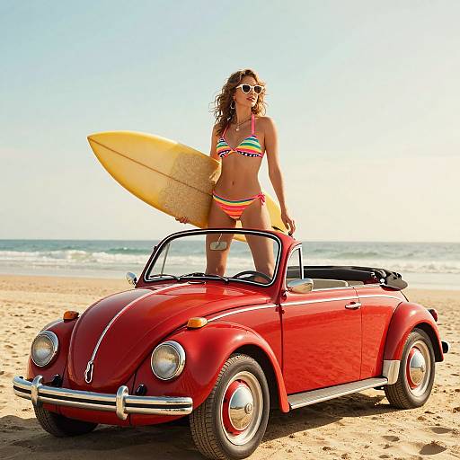 Photograph of a curly-haired woman in a colorful bikini standing on a red vintage convertible, holding a yellow surfboard on a sunny beach.
