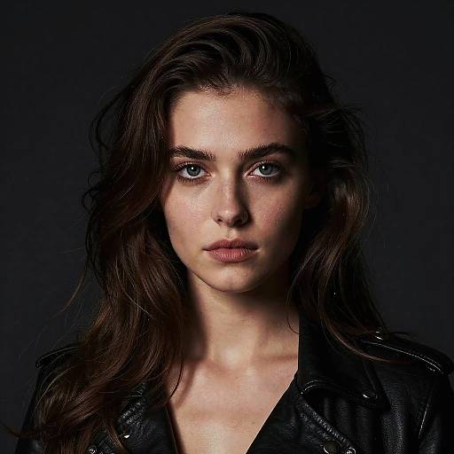 Photograph of a serious, fair-skinned woman with blue eyes, long brown wavy hair, wearing a black leather jacket against a dark background.