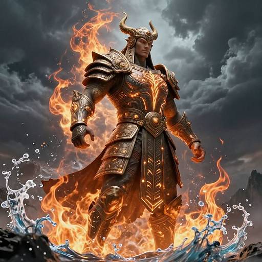 Digital art of a muscular, dark-skinned warrior with golden armor, horns, and flames, standing in water, under a stormy sky.
