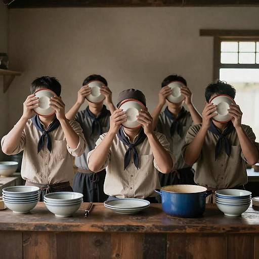 Five Asian Men in Rustic Kitchen
