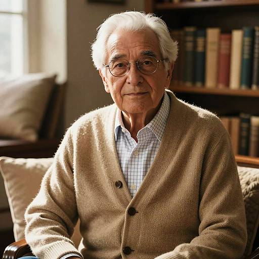 Photograph of an elderly white man with white hair, glasses, beige cardigan, and checkered shirt, sitting in a sunlit room with book