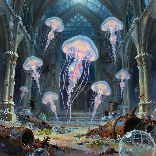 Gouache Iridescent Jellyfish in Deserted Cathedral