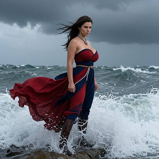 Photograph of a dark-haired woman in a flowing red and black dress standing in stormy ocean waves, with a cloudy sky.