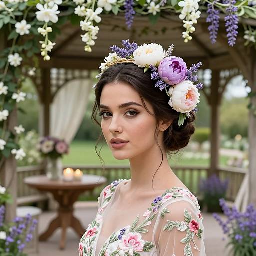 Photograph of a beautiful young woman with fair skin, dark hair, wearing a floral crown and dress, standing in a garden gazebo adorned with white