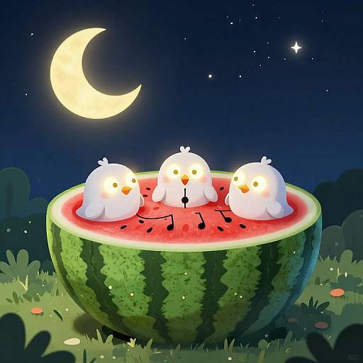 Three white ghost chicks with orange beaks and eyes sit in a sliced watermelon under a crescent moon and starry night sky. Digital art.