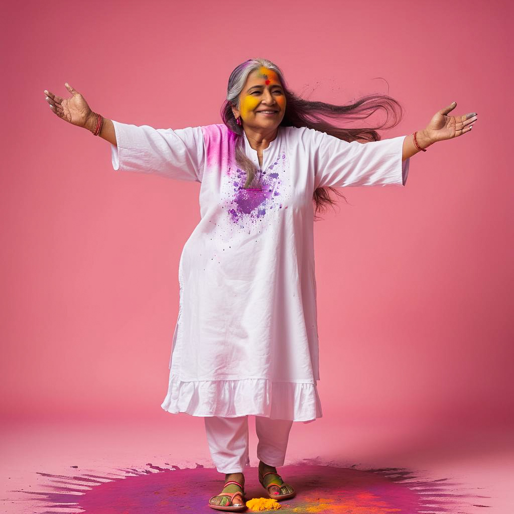 Elderly Woman Celebrating Holi in Style