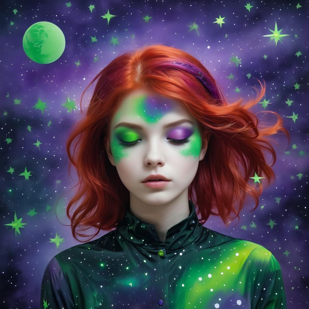 Surreal Girl with Red Hair and Stars